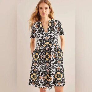 Boden easy notch neck jersey dress in black opulent pome print plus size 16-18 R